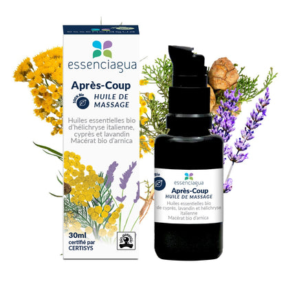 南法精油 Essenciagua 法國洛澤爾芳療舒敏修護油 - 重生之力 (運動舒緩按摩油)，以山金車油為基底，選用蜜蠟菊精油、薰衣草精油與絲柏精油，為運動後或身體疲勞提供舒緩，快速吸收，幫助放鬆並恢復肌膚與肌肉舒適。