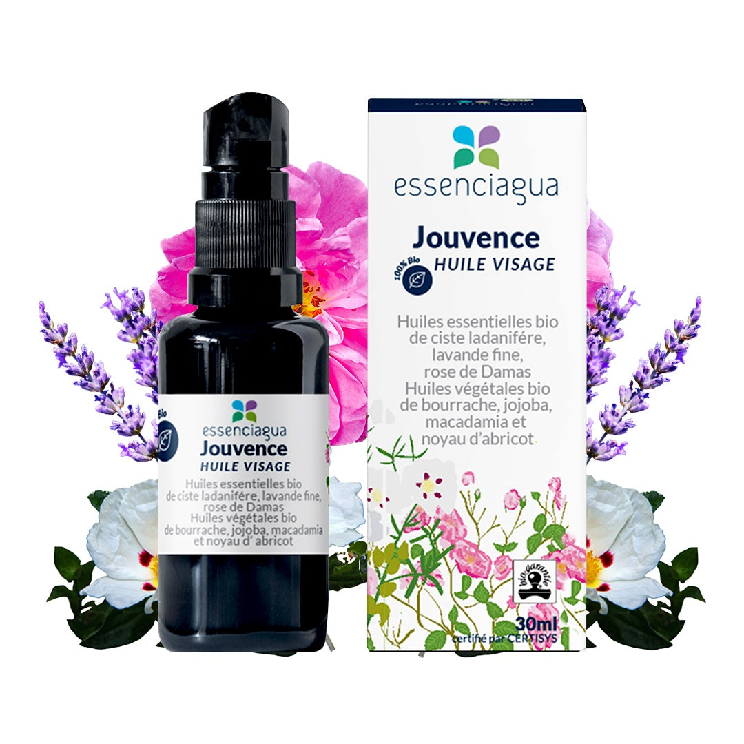 南法精油 Essenciagua 法國洛澤爾芳療舒敏修護油 - 青春之泉 (彈力煥采臉部油)，以植物油 (澳洲堅果、荷荷芭、琉璃苣、杏仁油) 為基底，結合岩薔薇、玫瑰與薰衣草精油，為肌膚注入煥活能量，特別適合成熟或需要修護的膚質。